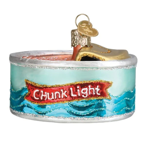 Add protein-packed whimsy to your tree with the Canned Tuna Old World Christmas Ornament 32616—a charming ornament shaped like a tuna can. It features a blue fish and waves on the label, a partially opened lid revealing pink “tuna” inside, and a gold pull tab adorned with a heart charm.