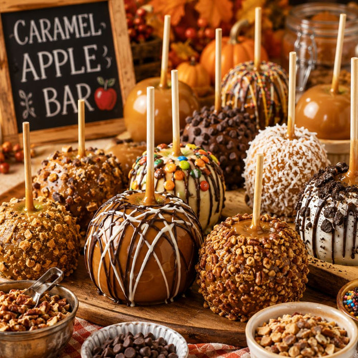 Caramel Apple Bar 10 inch metal fall sign with caramel apples covered in chocolate, nuts, sprinkles and assorted toppings, TTE-630.