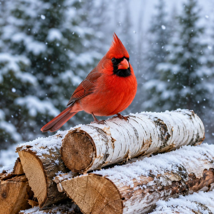 Bright red cardinal bird perched on snow-covered white birch logs with falling snow and evergreen trees in the background