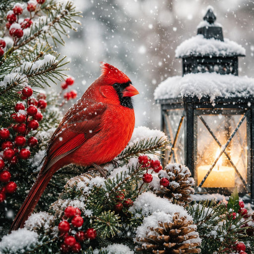 Red cardinal among snowy pine branches, red berries, and pinecones beside a glowing black lantern with falling snow