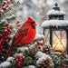 Red cardinal among snowy pine branches, red berries, and pinecones beside a glowing black lantern with falling snow