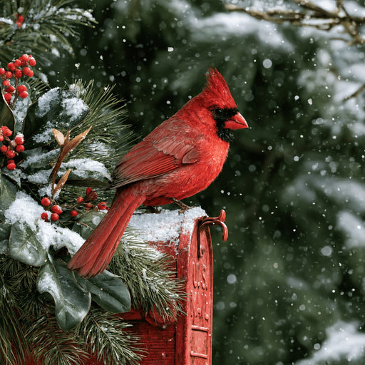 Bright red cardinal perched on a snowy red mailbox decorated with pine greenery, magnolia leaves, and red berries during falling snow