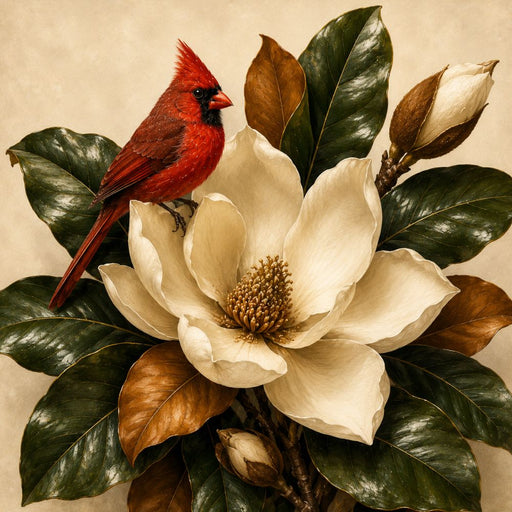 Cardinal 10 inch metal winter sign with red bird, large cream magnolia flowers, glossy green leaves and warm brown foliage on a soft beige background, TTE-684.