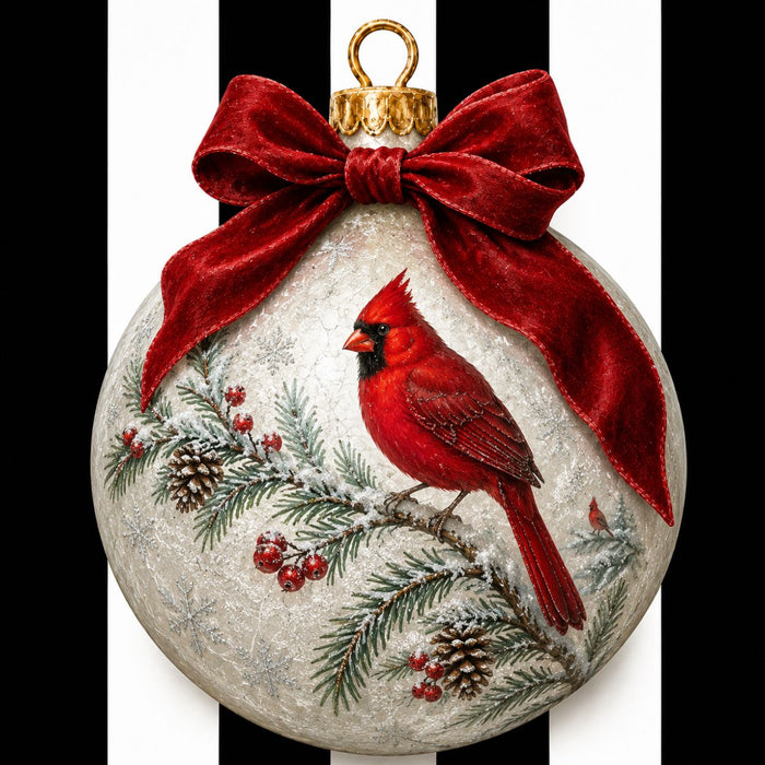 Flat metal Christmas sign printed with ivory ornament artwork featuring a red cardinal, snowy pine, berries, pinecones, red bow, and black-and-white stripes