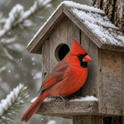 Bright red cardinal perched on a rustic wooden birdhouse covered with snow as snowflakes fall in a winter woodland