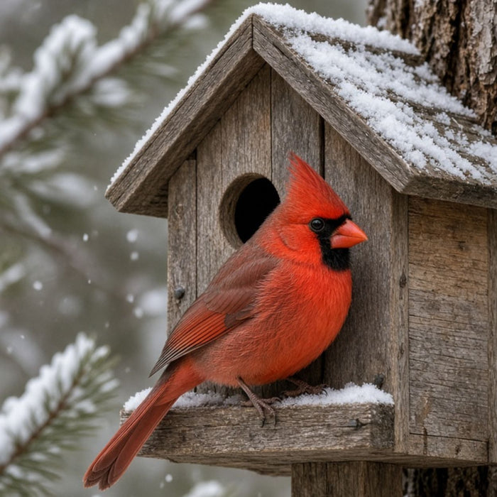 Bright red cardinal perched on a rustic wooden birdhouse covered with snow as snowflakes fall in a winter woodland