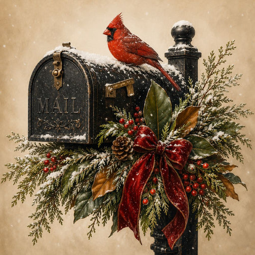 Cardinal 10 inch metal winter sign with red bird on snowy black mailbox decorated with evergreen branches, red berries, pinecones, magnolia leaves and red velvet bow, TTE-685.