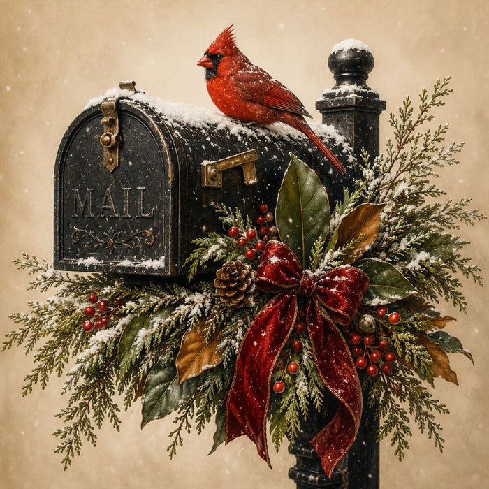 Cardinal 10 inch metal winter sign with red bird on snowy black mailbox decorated with evergreen branches, red berries, pinecones, magnolia leaves and red velvet bow, TTE-685.