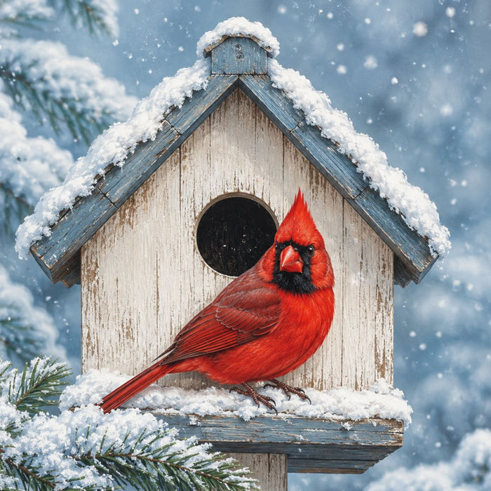 Bright red cardinal perched on a snowy weathered white birdhouse with blue trim, falling snow, and evergreen branches