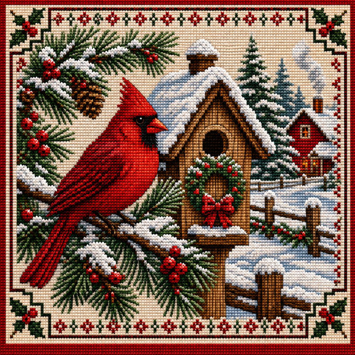 Cardinal 10 inch metal Christmas and winter sign with needlepoint-style red bird on snowy evergreen branches, berries, birdhouse with wreath, fence and red house in a snow-covered scene, TTE-669.
