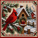 Cardinal 10 inch metal Christmas and winter sign with needlepoint-style red bird on snowy evergreen branches, berries, birdhouse with wreath, fence and red house in a snow-covered scene, TTE-669.