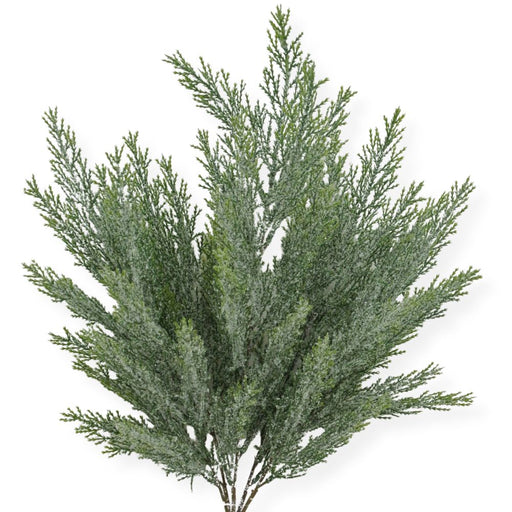 The 21 In Cedar Bush X 5 84351 features a single artificial cedar branch with 5 stems and fine needle-like leaves, showcased against a white background.
