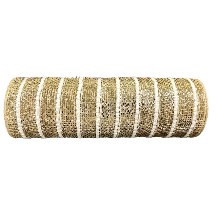 10" x 10 yards champagne heavy metallic mesh with snowball stripes. Great neutral for year-round wreath making.