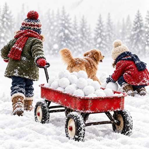 Flat metal winter sign featuring two children in colorful winter coats, knitted hats, and scarves playing in the snow with a golden retriever. A vintage red wagon filled with snowballs sits in the foreground, with snow-covered evergreen trees in the background. TTE-856.