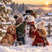 Two children building a snowman with a golden retriever in a snowy countryside at sunset on winter metal sign TTE-824