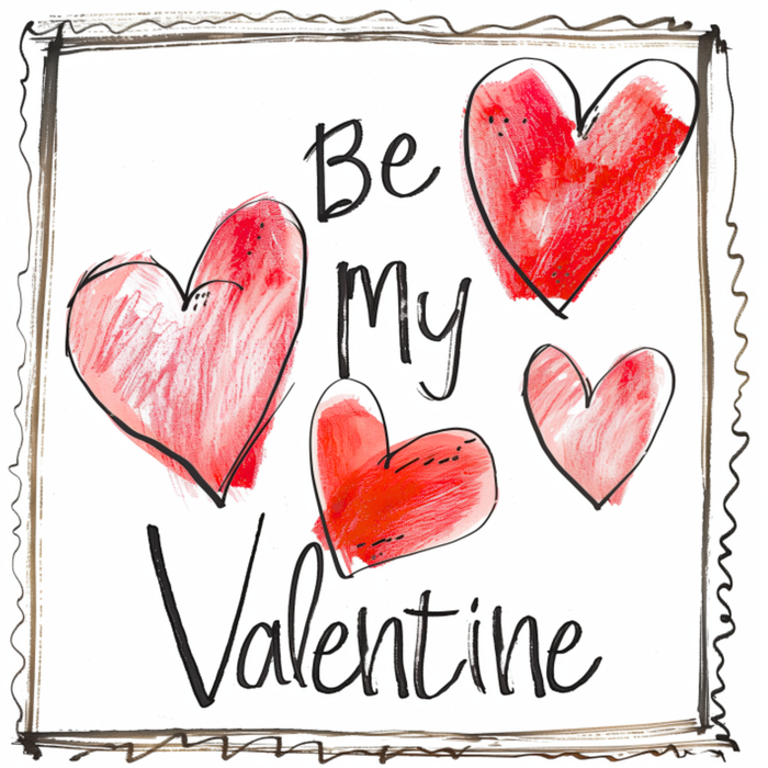 Child’s hand-drawn Valentine sign with red crayon hearts and the handwritten words “Be My Valentine,” outlined with a wavy doodle border.