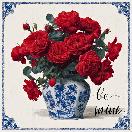 Chinoiserie-style metal Valentine sign TTE-360 featuring a blue and white porcelain vase filled with vibrant red roses and elegant “Be Mine” script.