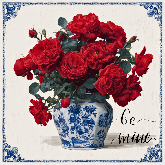 Chinoiserie-style metal Valentine sign TTE-360 featuring a blue and white porcelain vase filled with vibrant red roses and elegant “Be Mine” script.