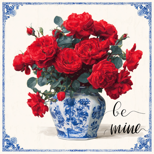 Chinoiserie-style metal Valentine sign TTE-360 featuring a blue and white porcelain vase filled with vibrant red roses and elegant “Be Mine” script.