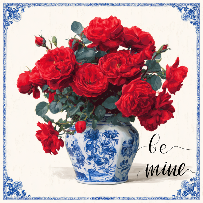 Chinoiserie-style metal Valentine sign TTE-360 featuring a blue and white porcelain vase filled with vibrant red roses and elegant “Be Mine” script.