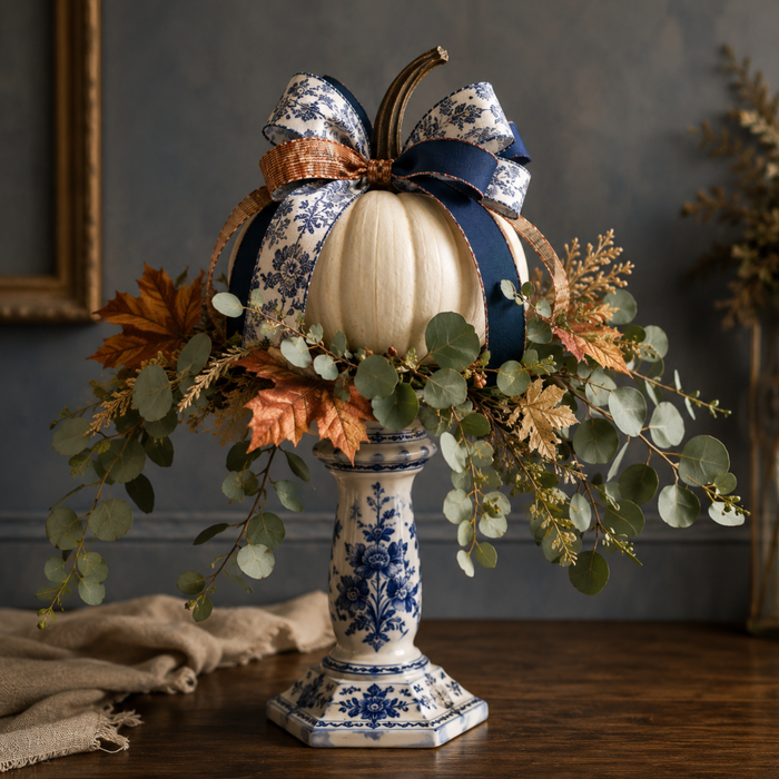 Fall metal sign featuring a white pumpkin with navy and blue floral ribbon, eucalyptus and autumn leaves displayed on a blue and white chinoiserie candlestick.