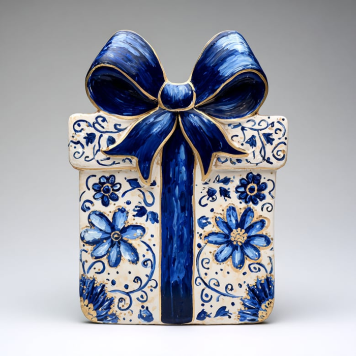 The 10" x 10" Chinoserie Gift Box Sign (TTE-337) features blue and white floral patterns with a large blue bow, creating an elegant and festive décor accent for any neutral space.