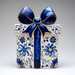 The 10" x 10" Chinoserie Gift Box Sign (TTE-337) features blue and white floral patterns with a large blue bow, creating an elegant and festive décor accent for any neutral space.