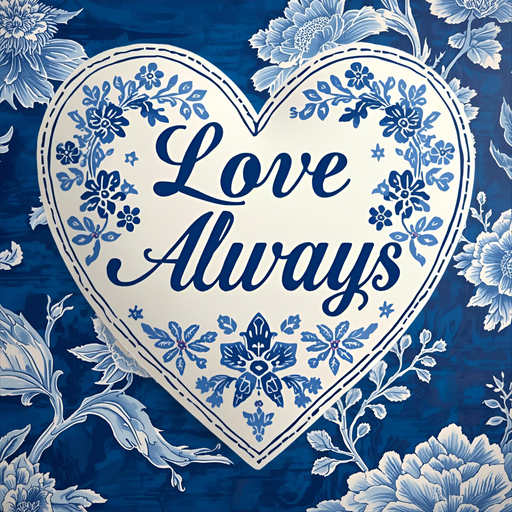 10-inch square metal sign with blue-and-white chinoiserie heart and ‘Love Always’ script; floral porcelain-style Valentine décor.