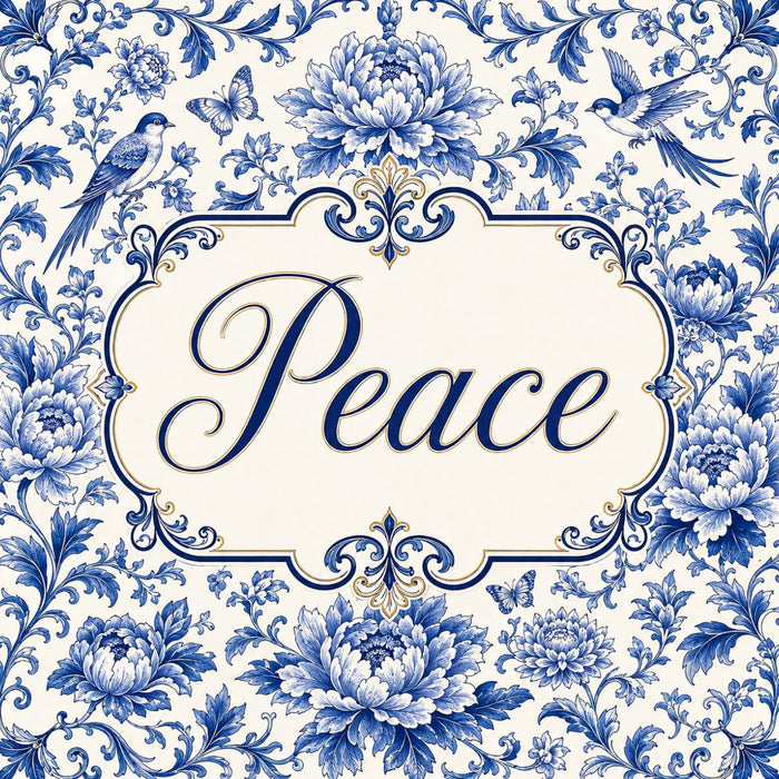 Blue and white chinoiserie metal sign with the word Peace surrounded by floral scrollwork, birds, butterflies, and subtle gold accents