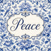 Blue and white chinoiserie metal sign with the word Peace surrounded by floral scrollwork, birds, butterflies, and subtle gold accents