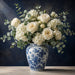 Blue and white chinoiserie vase filled with white hydrangeas, roses and eucalyptus on a dark navy background