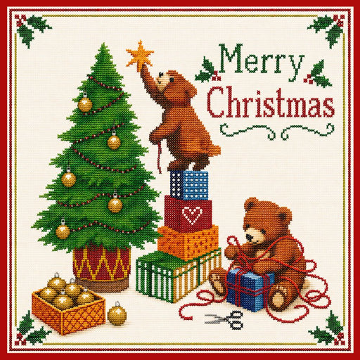 Christmas bears 10 inch metal sign in a needlepoint style featuring teddy bears trimming a Christmas tree, wrapping gifts and decorating with ornaments, TTE-703.
