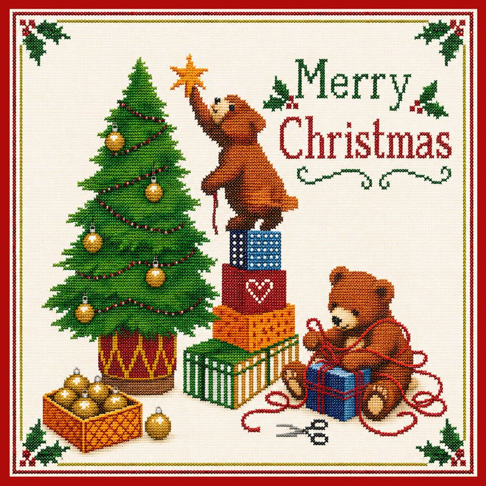 Christmas bears 10 inch metal sign in a needlepoint style featuring teddy bears trimming a Christmas tree, wrapping gifts and decorating with ornaments, TTE-703.