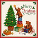 Christmas bears 10 inch metal sign in a needlepoint style featuring teddy bears trimming a Christmas tree, wrapping gifts and decorating with ornaments, TTE-703.
