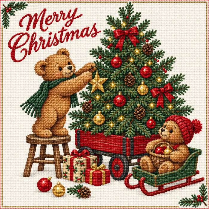 Needlepoint-style Christmas metal sign featuring two teddy bears decorating a tree in a red wagon with a green sled filled with ornaments.