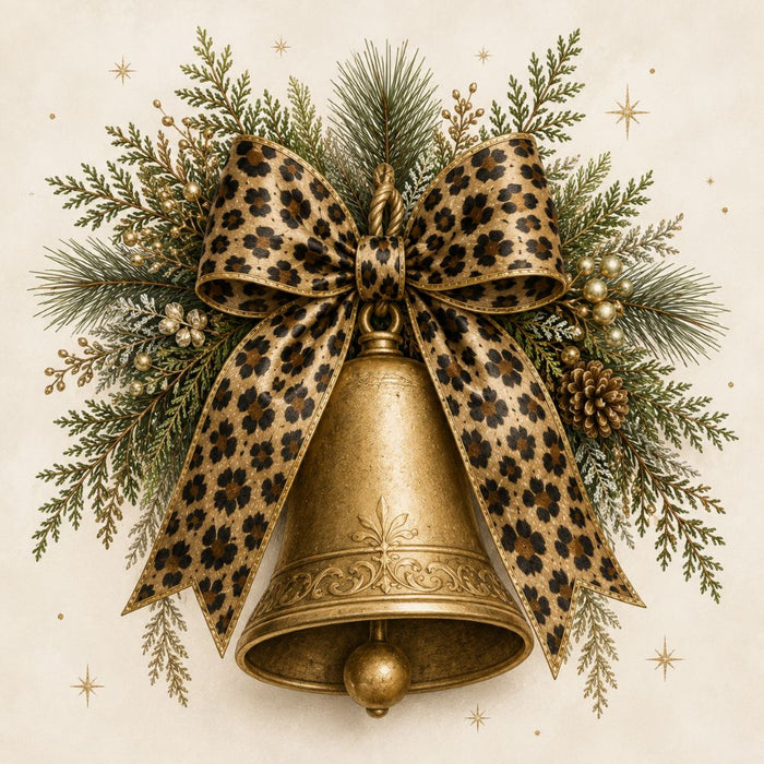 Gold Christmas bell metal sign with leopard animal print bow, evergreen branches, pinecones and gold accents, TTE-593.