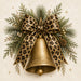 Gold Christmas bell metal sign with leopard animal print bow, evergreen branches, pinecones and gold accents, TTE-593.
