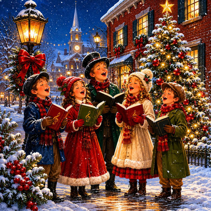 Christmas Carolers winter village metal sign featuring children singing beneath glowing street lamps with a decorated Christmas tree, snowy village, and church steeple. Exclusive Trendy Tree Design. SKU TTE-544.