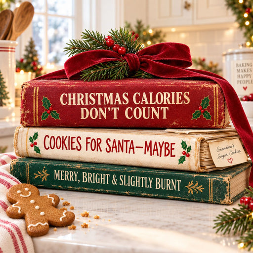 Christmas cookbook stack with funny holiday sayings, red velvet bow, holly and gingerbread cookie