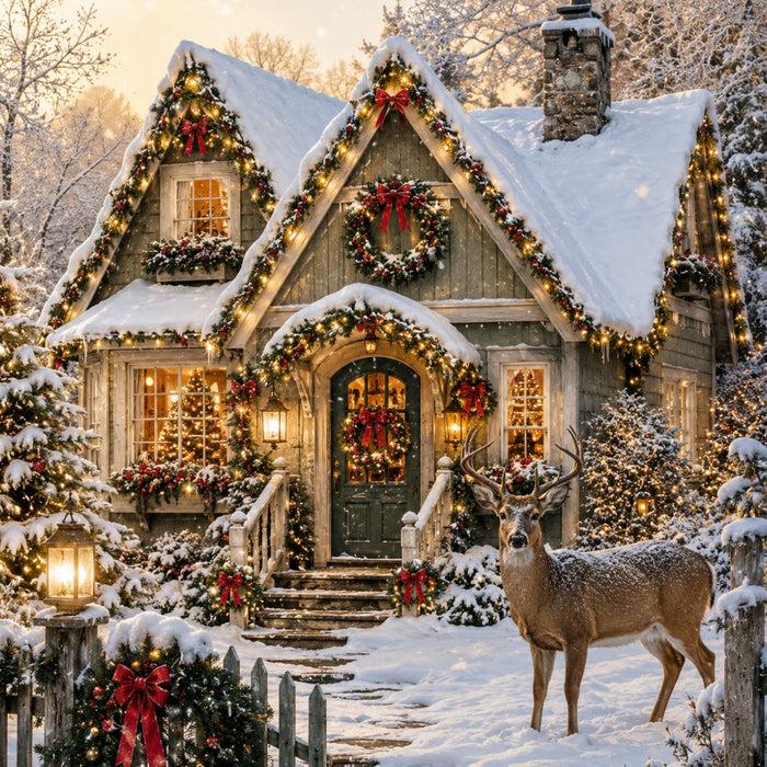 Christmas cottage metal sign with reindeer, snow, lighted greenery, wreaths and red bows