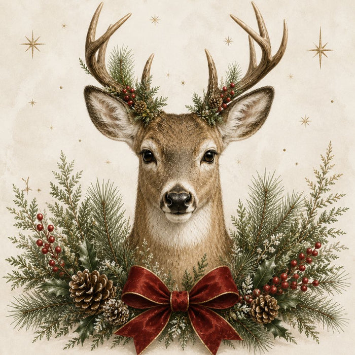 Christmas deer with red bow surrounded by pine greenery, red berries and pinecones on metal wreath sign TTE-597.