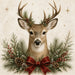Christmas deer with red bow surrounded by pine greenery, red berries and pinecones on metal wreath sign TTE-597.