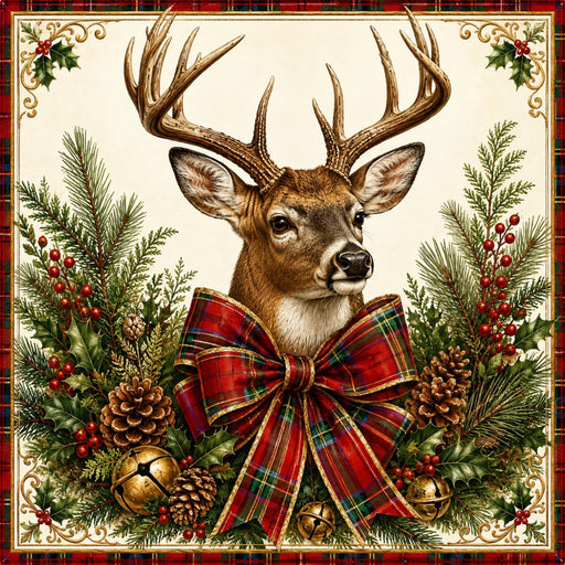 Christmas deer with large red tartan plaid bow surrounded by evergreen, holly, berries, pinecones and gold bells