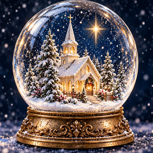 Christmas Eve church snow globe featuring a glowing white country church surrounded by snow-covered evergreen trees beneath a bright golden star. Ornate antique gold globe base with a dark navy blue snowy background. Flat metal sign TTE-873.