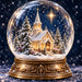 Christmas Eve church snow globe featuring a glowing white country church surrounded by snow-covered evergreen trees beneath a bright golden star. Ornate antique gold globe base with a dark navy blue snowy background. Flat metal sign TTE-873.