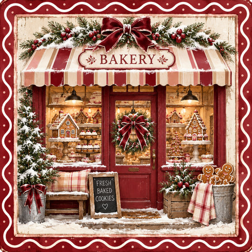 Christmas gingerbread bakery metal sign featuring a red storefront, striped awning, gingerbread houses, holiday wreaths, snow-covered greenery, and fresh baked cookies, TTE-831.