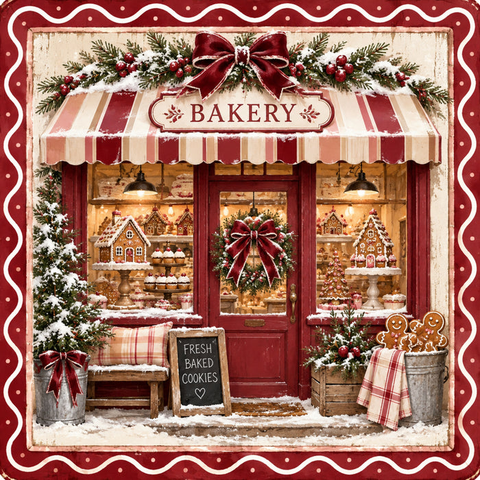 Christmas gingerbread bakery metal sign featuring a red storefront, striped awning, gingerbread houses, holiday wreaths, snow-covered greenery, and fresh baked cookies, TTE-831.