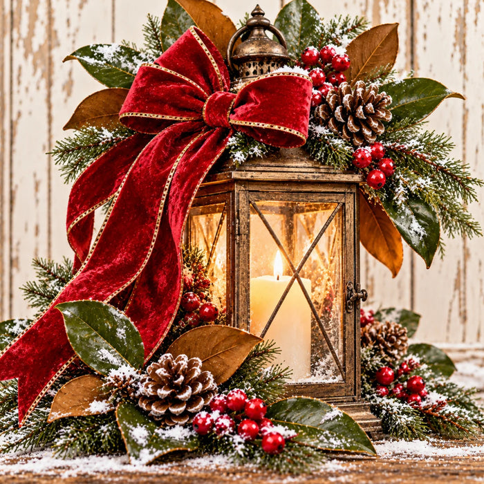 Antique bronze Christmas lantern with a glowing candle, oversized red velvet bow, magnolia leaves, snowy evergreen branches, pinecones, and red berries against a rustic whitewashed wood background. Flat metal wreath sign TTE-876.