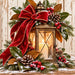 Antique bronze Christmas lantern with a glowing candle, oversized red velvet bow, magnolia leaves, snowy evergreen branches, pinecones, and red berries against a rustic whitewashed wood background. Flat metal wreath sign TTE-876.