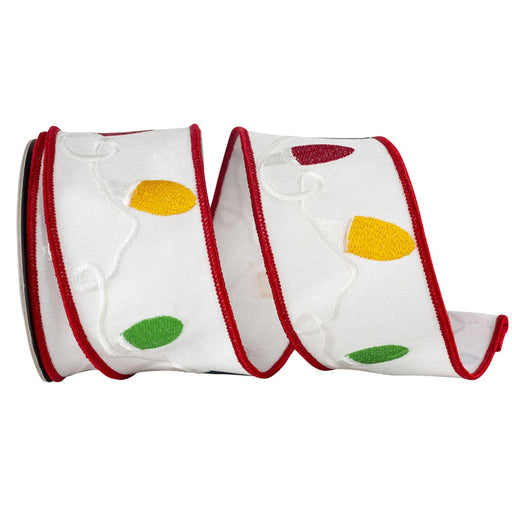 White wired Christmas ribbon with embroidered red, green and yellow Christmas lights and red wired edges, 2.5 inches x 5 yards, SKU 94558W-030-40D.